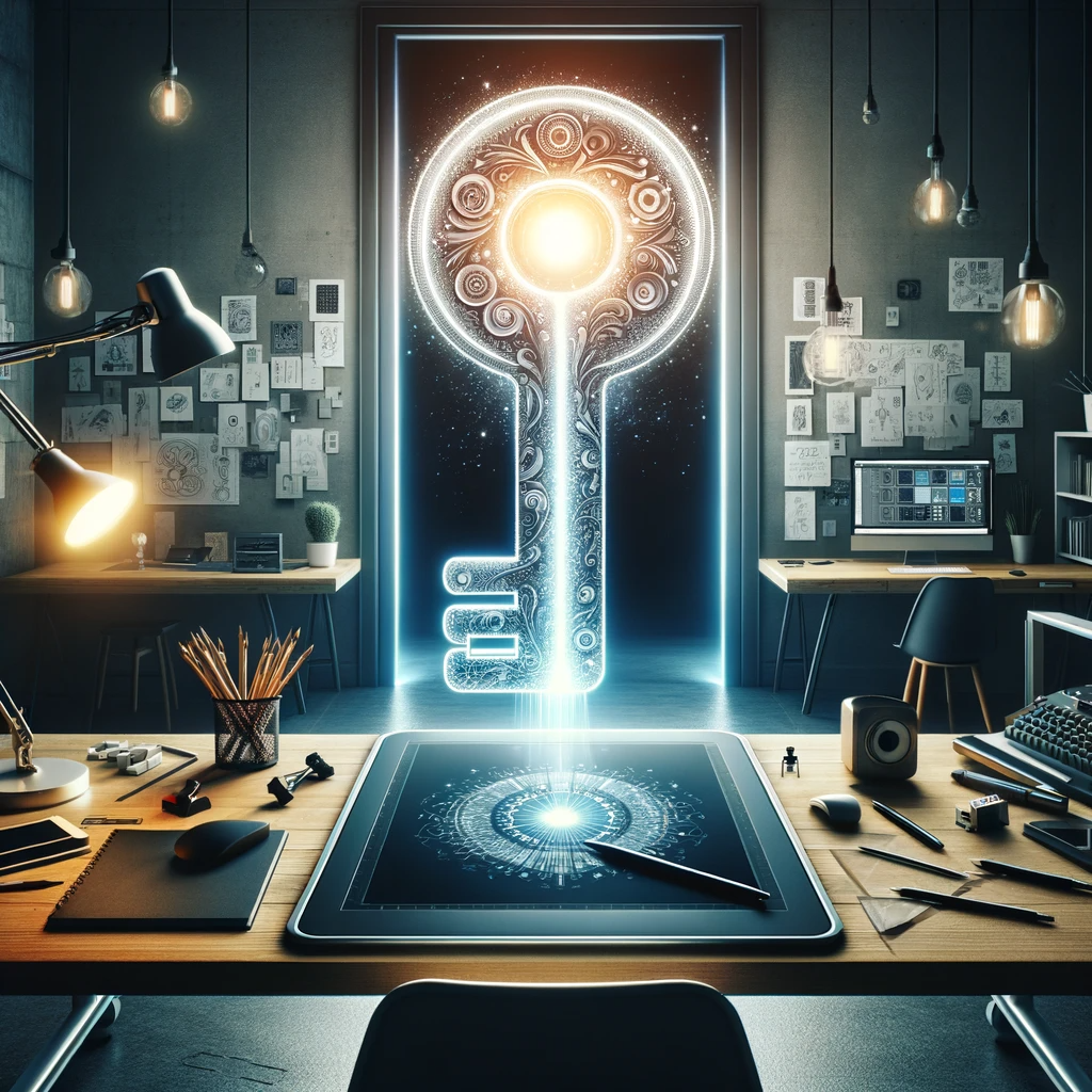  A modern workspace illuminated by a glowing key symbolizing creativity, surrounded by design tools and technology.